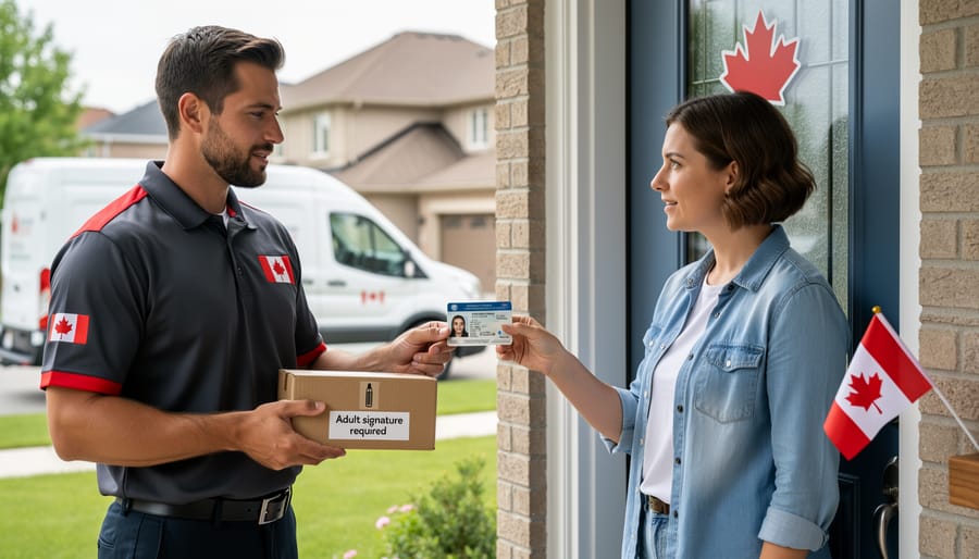 Delivery driver conducting age verification with electronic signature pad and customer ID at doorstep