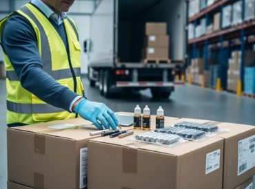 Inspector in high-visibility vest examining sealed cartons with vape pens, unlabelled e-liquid bottles, and lithium battery packs on a pallet at a warehouse loading dock, transport truck and shelving blurred behind.