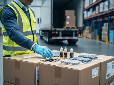 Inspector in high-visibility vest examining sealed cartons with vape pens, unlabelled e-liquid bottles, and lithium battery packs on a pallet at a warehouse loading dock, transport truck and shelving blurred behind.