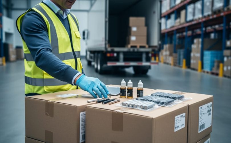 Inspector in high-visibility vest examining sealed cartons with vape pens, unlabelled e-liquid bottles, and lithium battery packs on a pallet at a warehouse loading dock, transport truck and shelving blurred behind.