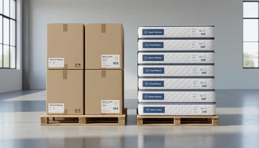 Rolled compressed mattress in protective packaging on shipping pallet inside delivery truck