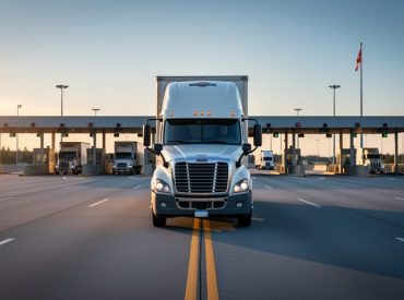 White semi-truck with trailer driving toward a Canada–US border crossing at sunset, Canadian and American flags on poles, border booths and additional trucks in the background, warm side lighting, wide environmental view.