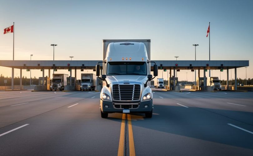 White semi-truck with trailer driving toward a Canada–US border crossing at sunset, Canadian and American flags on poles, border booths and additional trucks in the background, warm side lighting, wide environmental view.