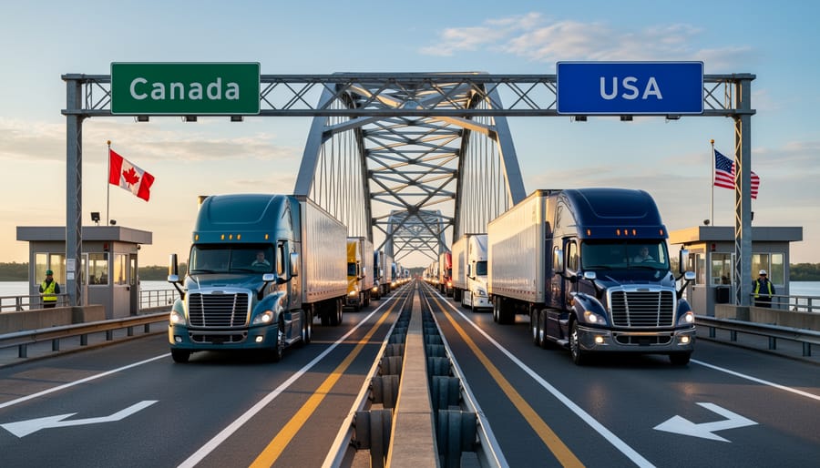 Semi-truck crossing Canada-US border checkpoint at sunset