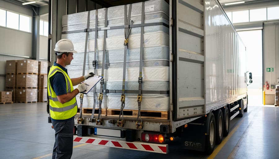 Logistics worker inspecting secured mattress cargo in commercial transport trailer
