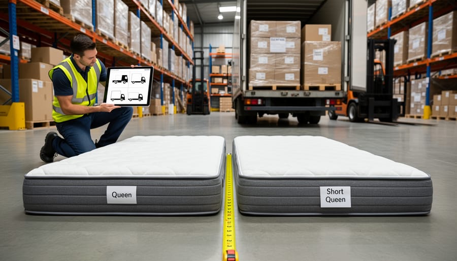 Overhead view comparing queen and short queen mattress sizes side by side on warehouse floor
