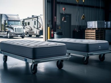 Two mattresses, one slightly shorter, on rolling carts in a warehouse loading dock with open bay doors, a semi-truck sleeper cab and an RV doorway blurred in the background under soft daylight.
