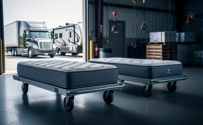 Two mattresses, one slightly shorter, on rolling carts in a warehouse loading dock with open bay doors, a semi-truck sleeper cab and an RV doorway blurred in the background under soft daylight.