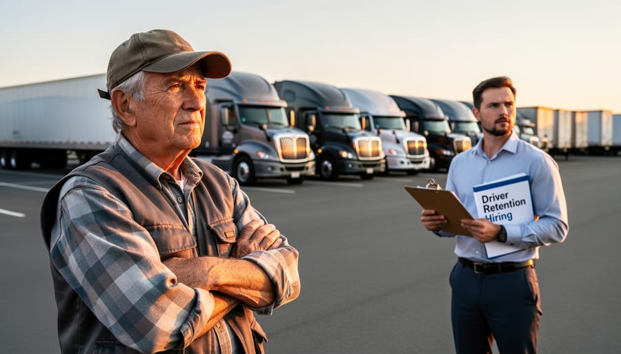 Group of professional truck drivers representing diverse age demographics in trucking industry