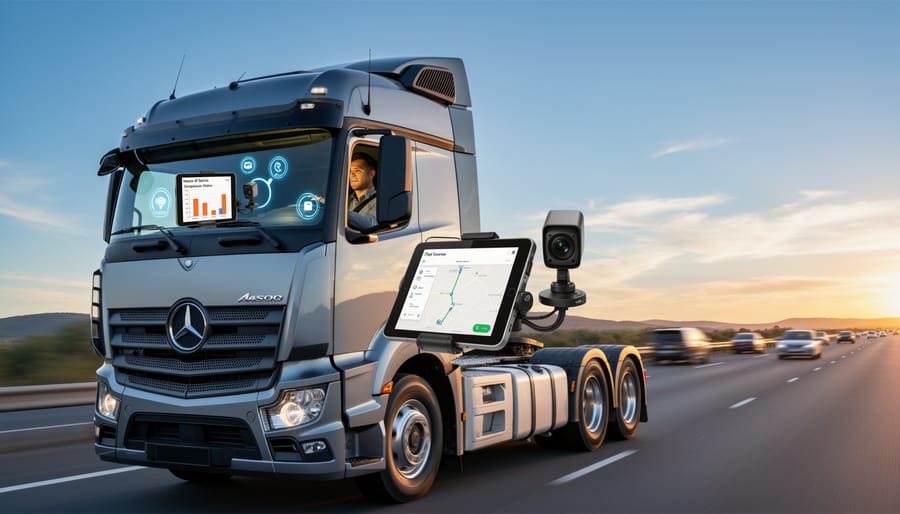 Truck driver using electronic logging device and digital technology in modern truck cab