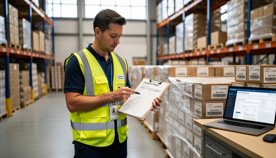 Warehouse worker inspecting shipping boxes with compliance documentation in modern logistics facility
