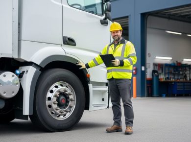A high-visibility driver inspects the wheel area of a semi-truck beside a service bay, illustrating a proactive fleet training program for preventing breakdowns.