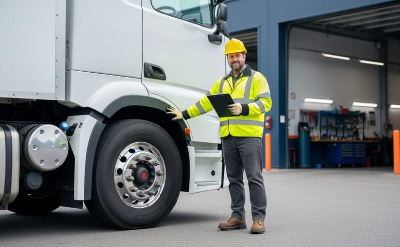 A high-visibility driver inspects the wheel area of a semi-truck beside a service bay, illustrating a proactive fleet training program for preventing breakdowns.