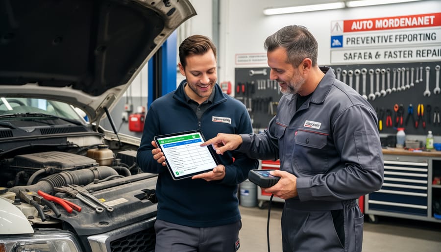 Driver and mechanic reviewing a truck inspection in a maintenance bay with a service pit.