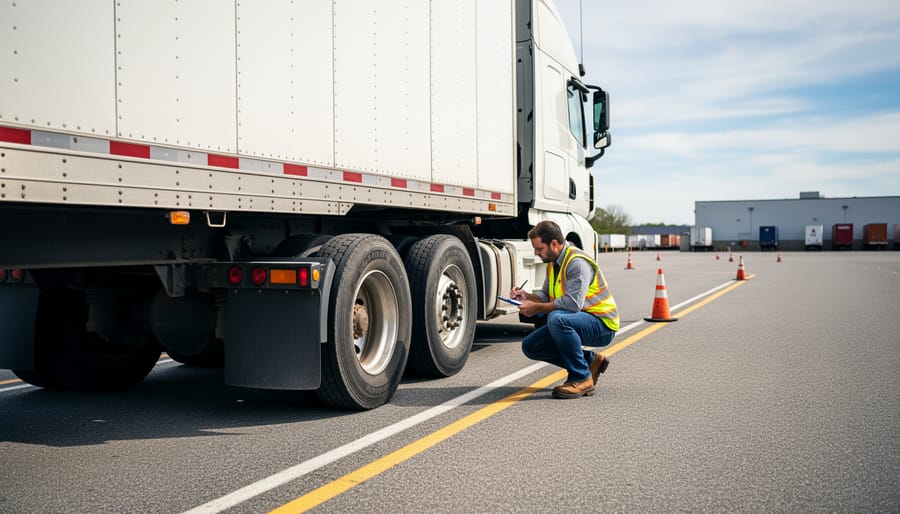 Commercial truck driver performing a pre-trip inspection beside a tractor-trailer at a depot.