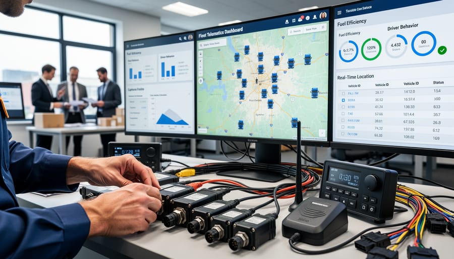 Driver adjusting a telematics device inside a truck cab