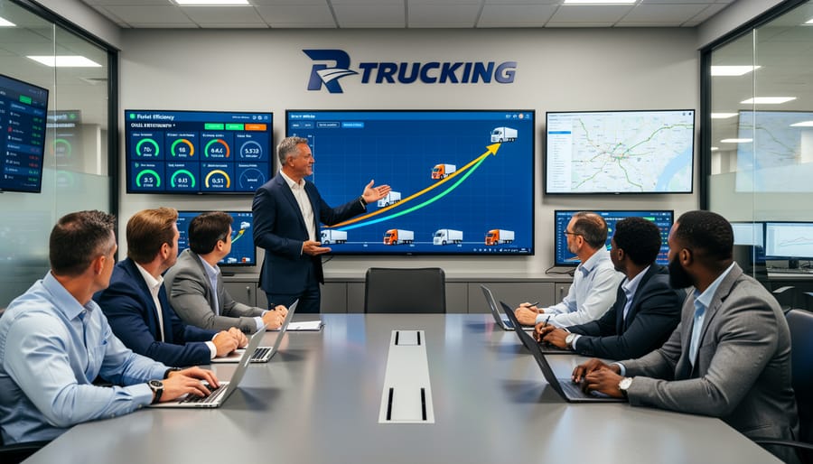 Fleet manager reviewing materials beside a parked semi truck in a yard