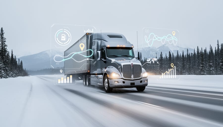 Long-haul semi truck driving on a highway at dusk with headlights illuminated