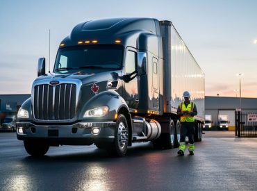 Semi-truck in a Canadian freight yard at dusk, with a driver near the cab and blurred logistics activity in the background.