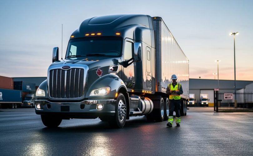 Semi-truck in a Canadian freight yard at dusk, with a driver near the cab and blurred logistics activity in the background.