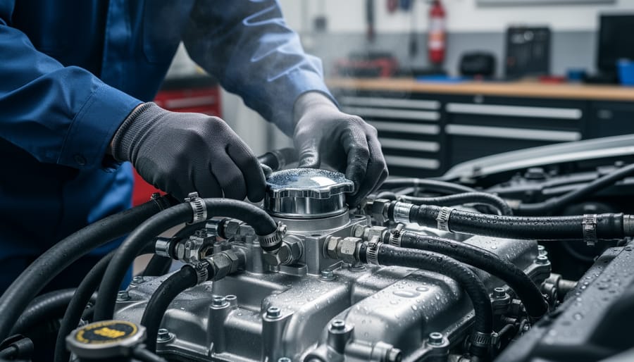 Technician inspecting a truck cooling system hose clamp in an engine bay