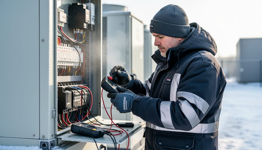 Technician performing battery testing with a load tester in a service bay
