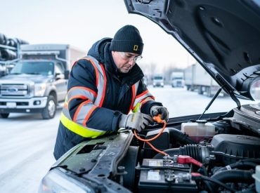Mechanic inspecting a heavy-duty truck’s engine block heater and battery terminals in a snowy fleet maintenance yard
