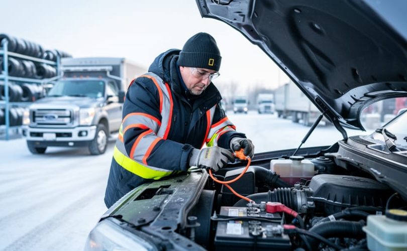 Mechanic inspecting a heavy-duty truck’s engine block heater and battery terminals in a snowy fleet maintenance yard