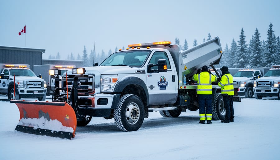 Winter maintenance truck parked in a Canadian fleet yard with light snowfall